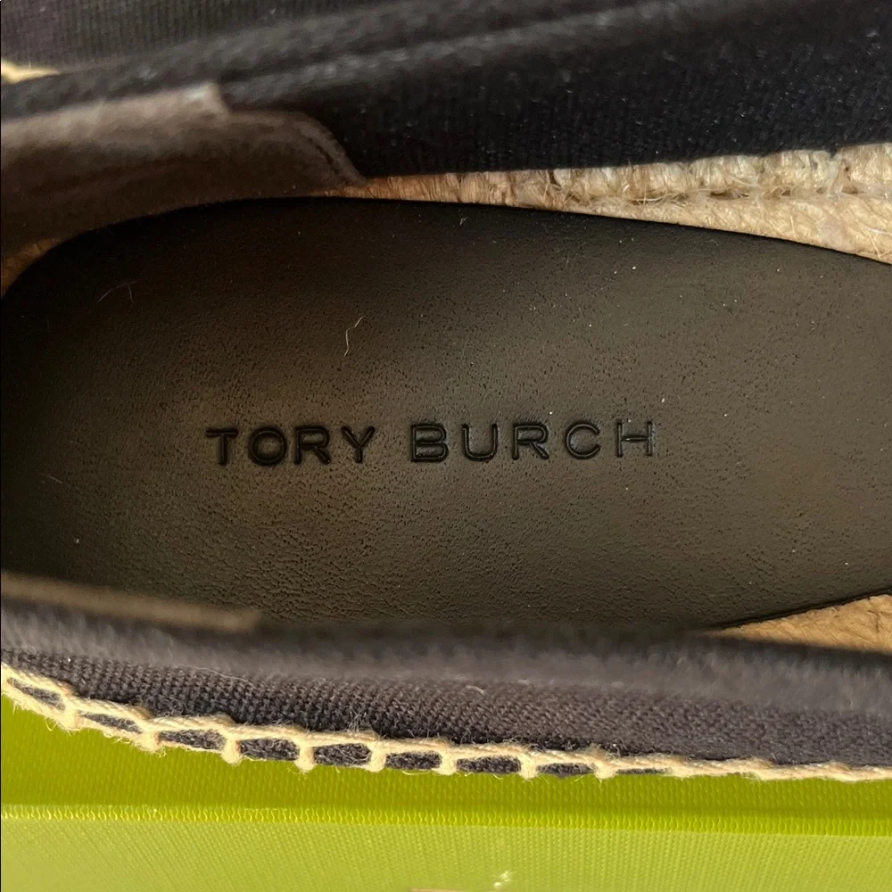 Tory Burch Black and Natural Stripe Espadrille Slip-Ons